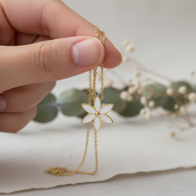 Collier Fleur, Acier doré & émail, 45cm - Bambins
