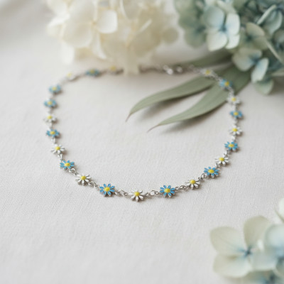 Collier Fleurs Marguerites, Acier argenté & résine, 43cm - Bambins