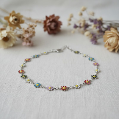 Collier Fleurs Marguerites, Acier argenté & résine multicolore, 43cm - Bambins