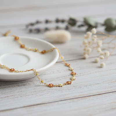 Collier Fleur Marguerite, Acier doré & résine multicolore, 43cm - Bambins