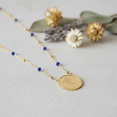 Collier Signe Astrologique Vierge, Argent 925 Doré & Email Bleu - Vandona