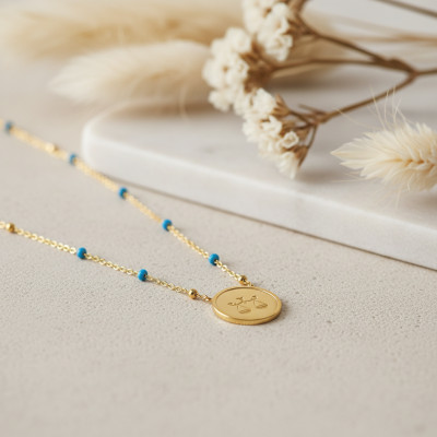 Collier Signe Astrologique Balance, Argent 925 Doré & Email Bleu - Vandona