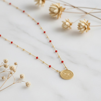 Collier Signe Astrologique Bélier, Argent 925 Doré & Email Rouge - Vandona