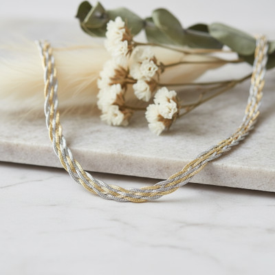 Collier Multi Mailles Chevrons Tressées, 2 Ors 375, 41 cm - Emanessence