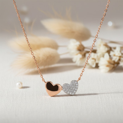 Collier Coeurs Double, 2 Ors 375 & Diamants 0,08 ct - Aurora