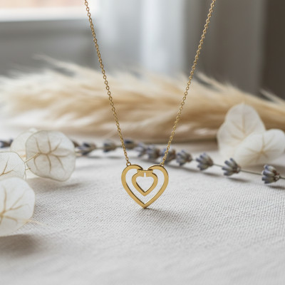 Collier Femme Double Cœur, Or jaune 750 - Emanessence