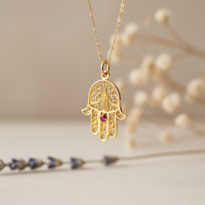 Pendentif Main de Fatma Rubis, Or jaune - Lucas Lucor