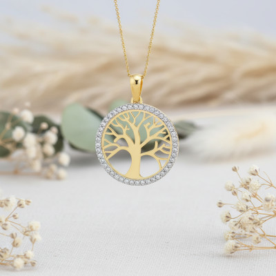 Pendentif Arbre de Vie, Or Jaune 750 & Pierres Blanches, 20 mm - Lumiosa