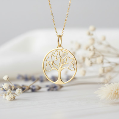 Pendentif Arbre de Vie & Coeurs, Plaqué Or Jaune - Emanessence