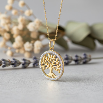 Pendentif Arbre de vie Ajouré, Or Jaune 375 & Oxydes, 14mm - Emanessence