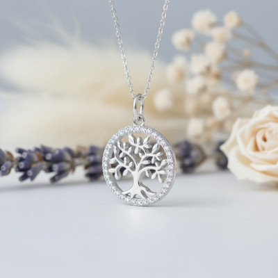 Pendentif Arbre de vie Ajouré, Or Blanc 375 & Oxydes, 14mm - Emanessence