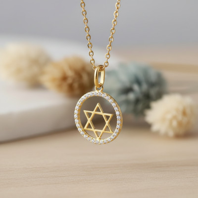 Pendentif Etoile de David ajouré, Or Jaune 375 & Zircons, 14,5x22mm - Emanessence