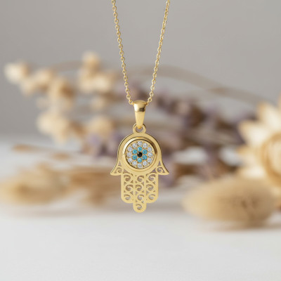 Pendentif Khamsa, Zircons & Or Jaune 375 - Emanessence