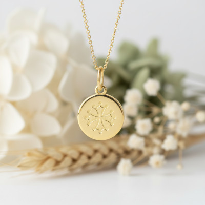 Pendentif Jeton Croix Occitane, Or Jaune 375, 15mm - Emanessence