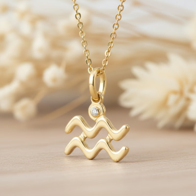 Pendentif Signe Astrologique Verseau, Or jaune 750 & Diamant - Emanessence
