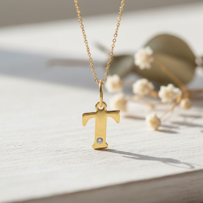 Pendentif lettre T, Or jaune 750 et diamant - Emanessence