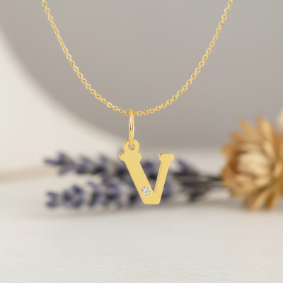 Pendentif lettre V, Or jaune 750 et diamant - Emanessence