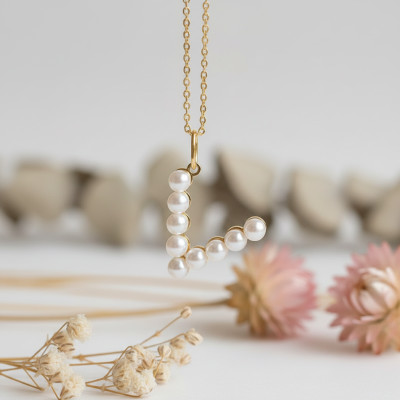 Pendentif Lettre V, Perles & Or jaune 375 - Emanessence