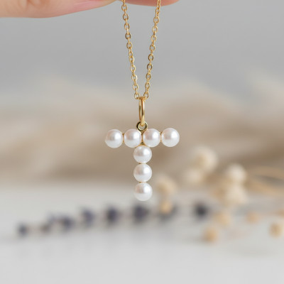 Pendentif Lettre T, Perles & Or jaune 375 - Emanessence