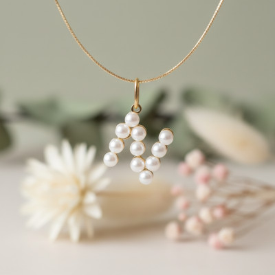 Pendentif Lettre N, Perles & Or jaune 375 - Emanessence