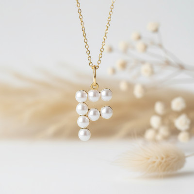 Pendentif Lettre F, Perles & Or jaune 375 - Emanessence