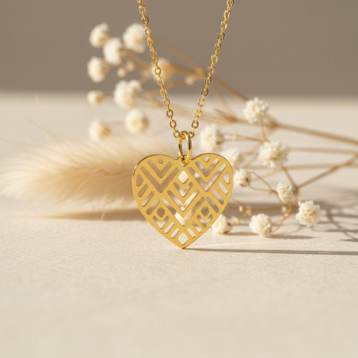 Pendentif Coeur à Motifs, Plaqué Or Jaune, 16x14mm - Emanessence