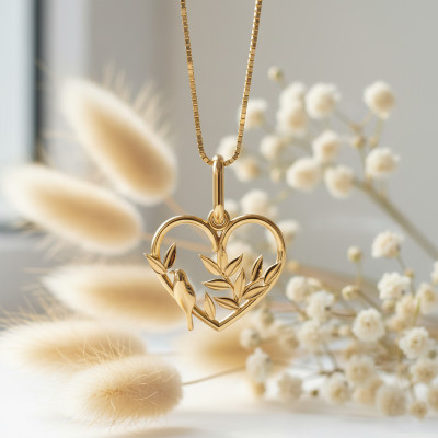 Pendentif Coeur Feuilles & Oiseau, Or jaune 750 - Vandona