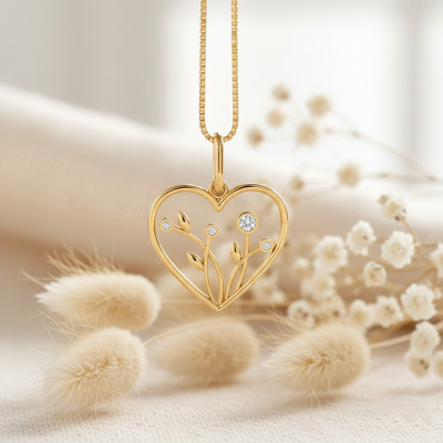 Pendentif Coeur & Fleur, Or jaune 750 & Zircons - Rosatella