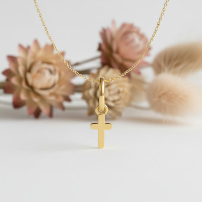 Pendentif Croix breloque, Or Jaune 375, 4x13mm - Emanessence