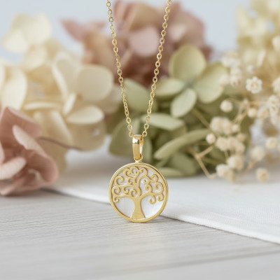 Pendentif Arbre de Vie, Or Jaune 750 & Nacre Blanche, 18 mm - Lumiosa
