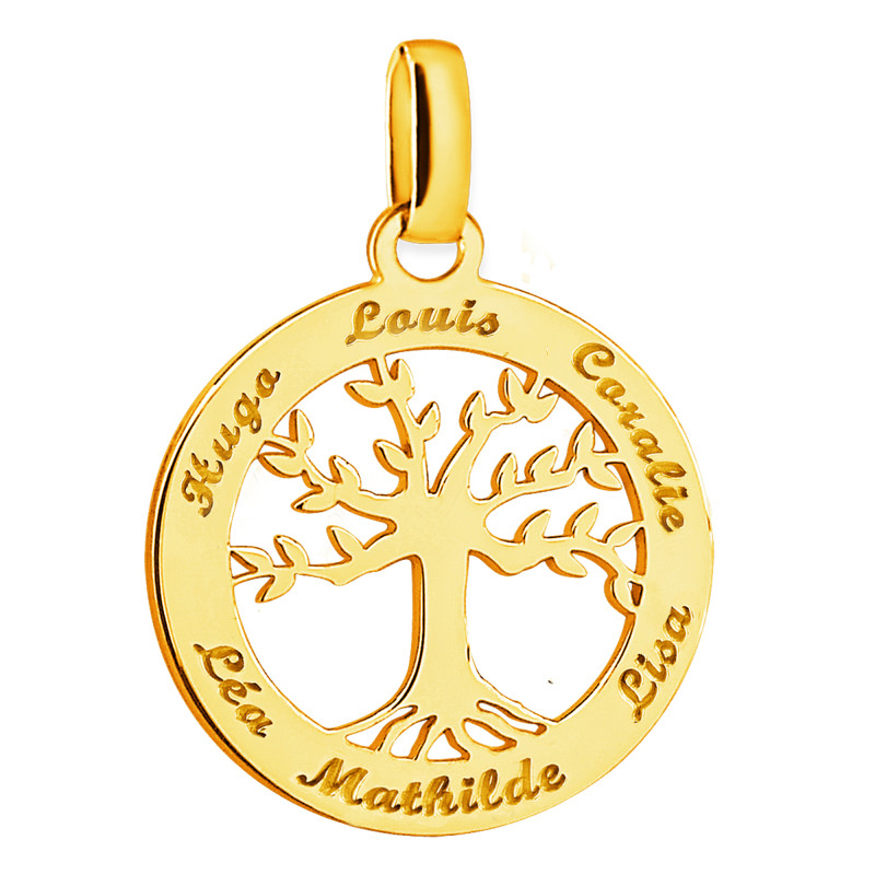 Pendentif Prénoms Gravable Arbre de Vie, Plaqué Or Jaune, 22 mm - Lumiosa