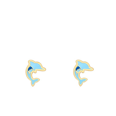 Boucles d'oreilles Dauphins, Or Jaune 375 & Émail Bleu - Bambins