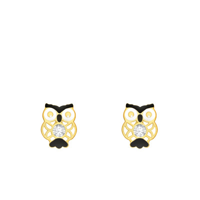 Boucles D'oreilles Hiboux Cristaux, Email & Or jaune 375 - Bambins