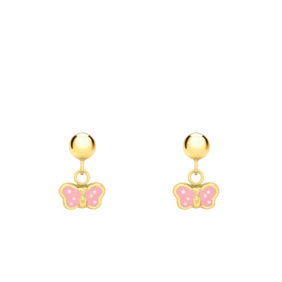 Boucles d'oreilles Papillons, Or Jaune 375 & Émail Rose - Bambins