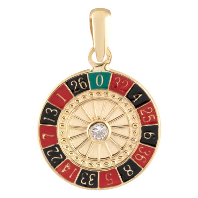 Pendentif Roulette de Casino, Or Jaune 750 & Zircon, 14.50 mm - Lumiosa