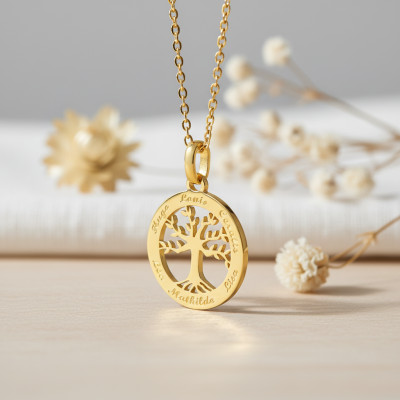 Pendentif Prénoms Gravable Arbre de Vie, Plaqué Or Jaune, 22 mm - Lumiosa