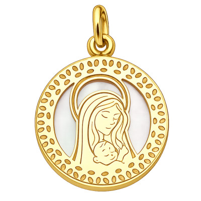 Pendentif Vierge à l'Enfant, Or Jaune 375 & Nacre, 14,50 mm - Vandona
