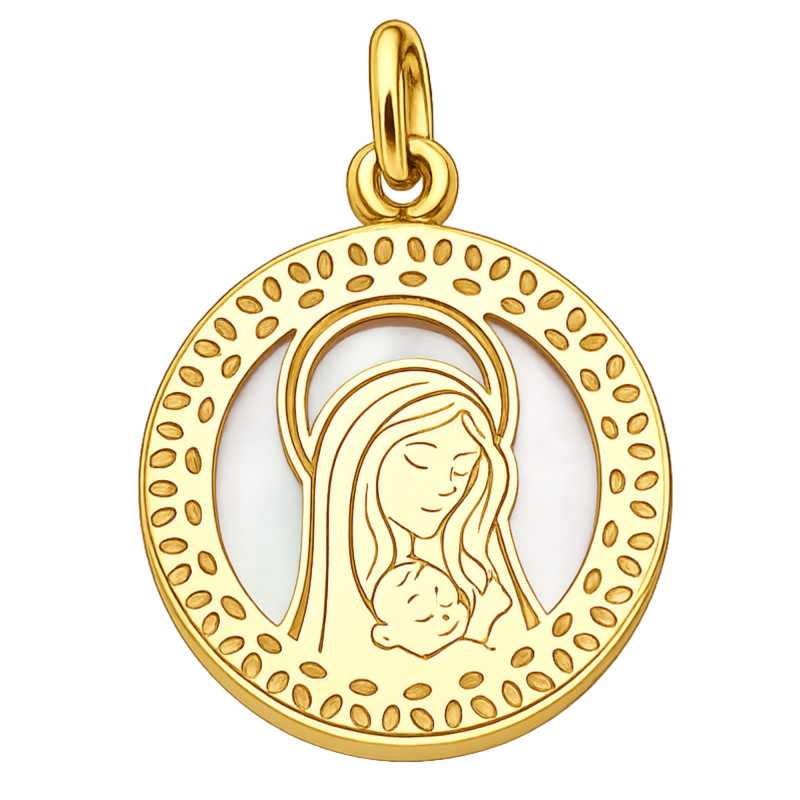 Pendentif Vierge à l'Enfant, Or Jaune 375 & Nacre, 14,50 mm - Vandona
