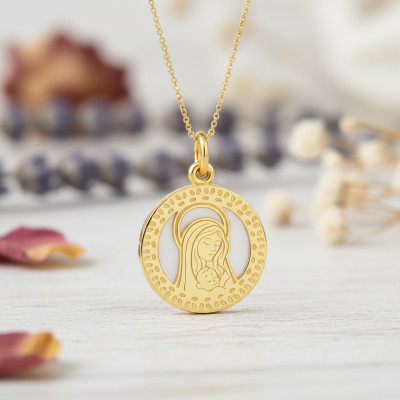 Pendentif Vierge à l'Enfant, Or Jaune 375 & Nacre, 14,50 mm - Vandona