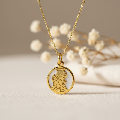 Médaille Ange en Prière, Or Jaune 375 & Nacre, 14,50 mm - Lumiosa