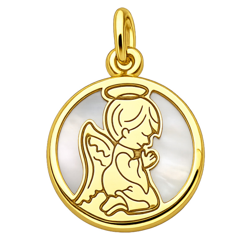 Médaille Baptême Ange en Prière, Or Jaune 750 & Nacre, 14,50 mm - Lumiosa