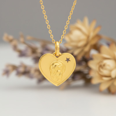 Médaille Vierge Coeur, Or Jaune 750 - Vandona