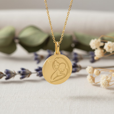 Médaille Vierge à l'Enfant Moderne Or Jaune, 15 mm - Lucas Lucor