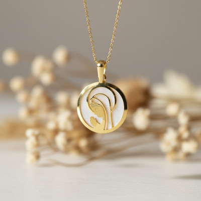 Médaille Vierge en Prière ajourée, Or jaune 750 & Nacre, 17.50mm - Rosatella