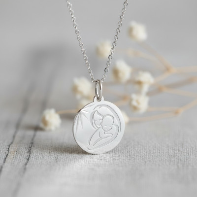 Médaille Vierge à l'Enfant Tendre, Or Blanc, 15mm - Lucas Lucor