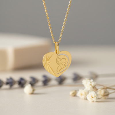 Médaille Cœur Vierge à l'Enfant, Or jaune, 15x17mm - Lucas Lucor