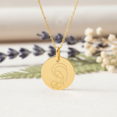 Médaille Vierge à l'enfant, Or jaune 750, 15mm - Lucas Lucor