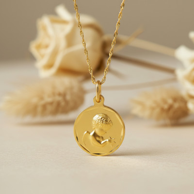 Médaille Ronde Ange en Prière, Or jaune 750, 15 & 17mm - Argyor