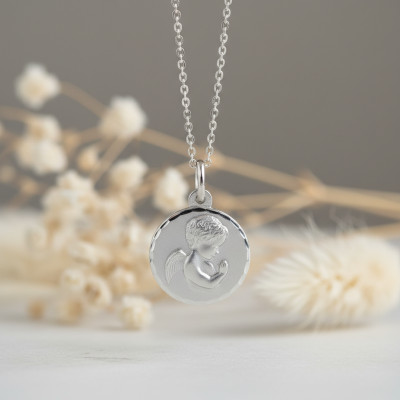 Médaille Ange en Prière facetté, Or Blanc 375, 14mm - Argyor