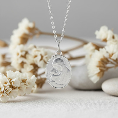 Médaille Ovale Vierge à l'enfant, Argent 925, 18x15mm - Emanessence